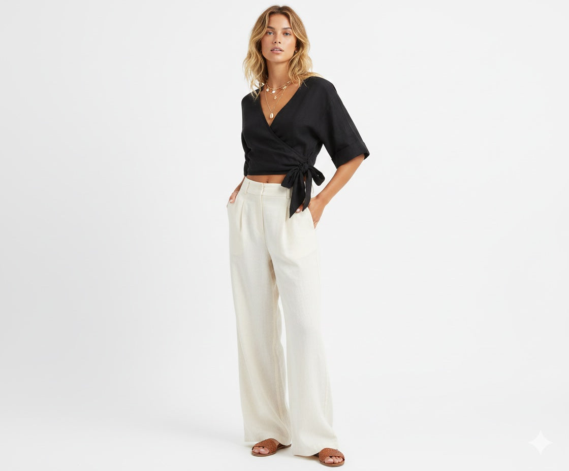 Linen Wrap Top - Black