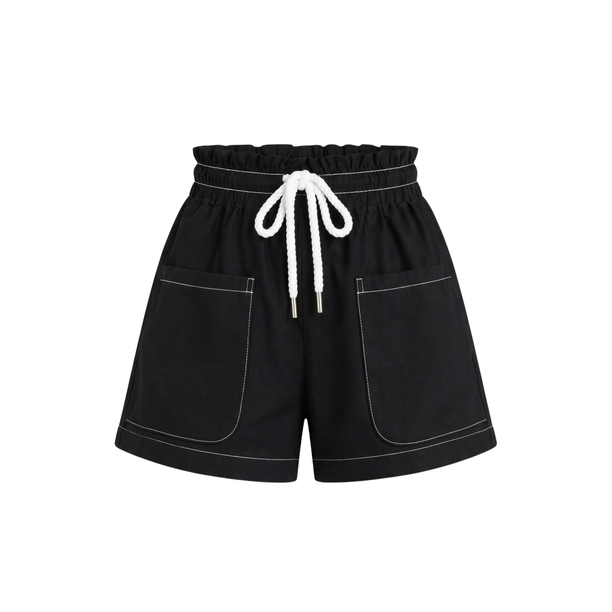 Black shorts with a white rope drawstring and white contrast stitching, featuring two large front patch pockets, shown against a plain white background.