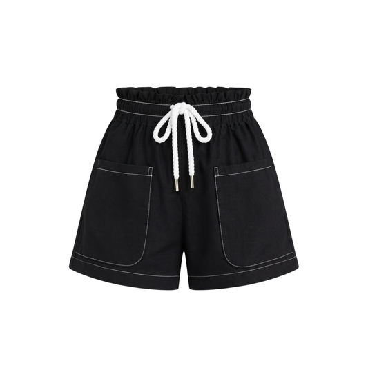 Black shorts with a white rope drawstring and white contrast stitching, featuring two large front patch pockets, shown against a plain white background.